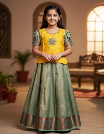 Kids Yellow Top with Gold Bridal Silk Pattu Pavadai Set