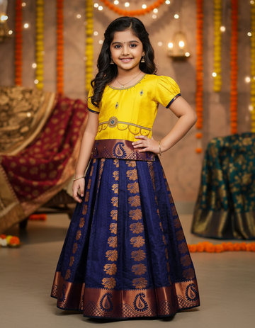 Kids yellow top and navy blue emboss skirt pattu pavadai set – Sri Thulir Tex