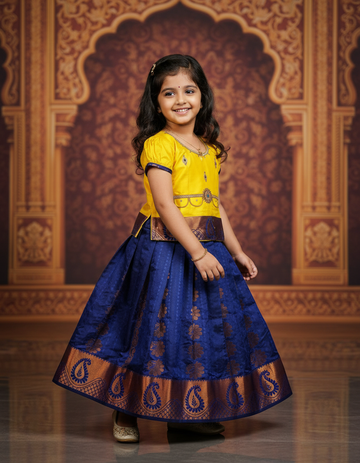Kids pattu pavadai with yellow top and royal blue emboss skirt – Sri Thulir Tex