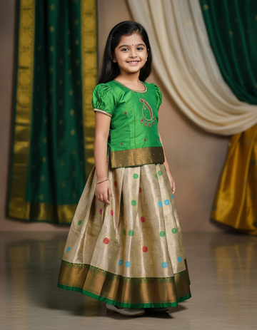 Light green and golden Banarasi semi silk pattu pavadai for girls with puff sleeve and zari border – Sri Thulir Tex