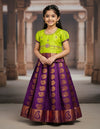 Lime Green and Royal Purple Kids Pattu Pavadai with Semi Silk Top and Bridal Silk Skirt for Wedding, Temple and Festival Wear by Sri Thulir Tex.