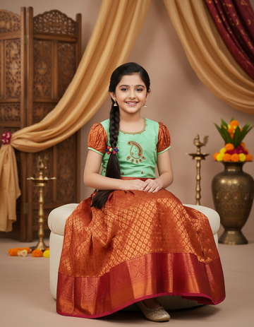 Mint green and copper bridal silk pattu pavadai for kids with puff sleeves and stone work design – Sri Thulir Tex South Indian traditional wear