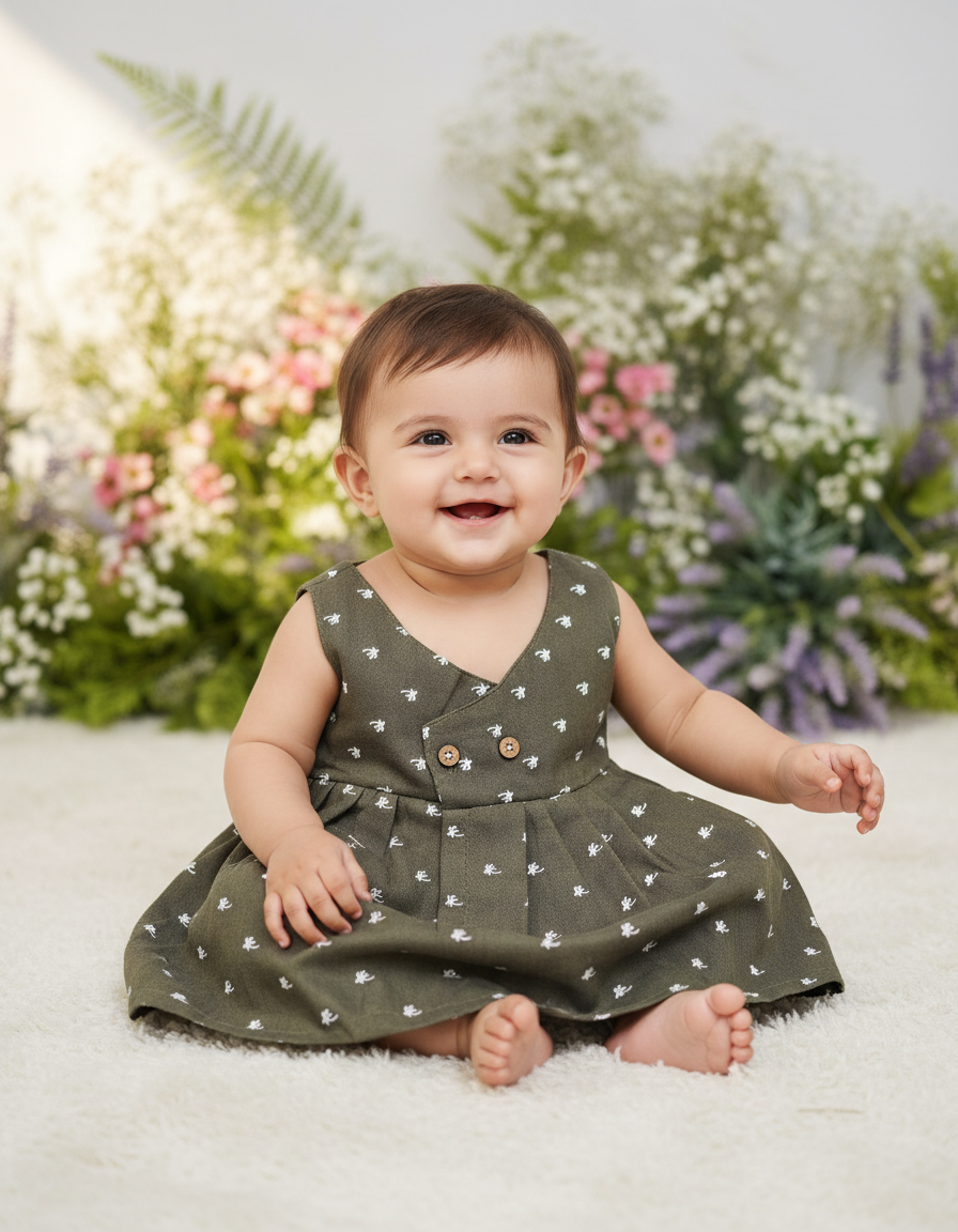Olive green muslin baby jabla frock with white printed pattern and front buttons – Sri Thulir Tex