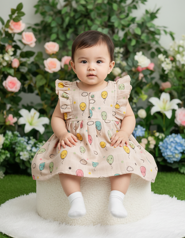Beige muslin baby frock with balloon and clouds print and butterfly sleeves front open design – Sri Thulir Tex