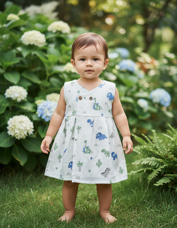 White muslin baby jabla frock with cute dinosaur print and front open button style – Sri Thulir Tex
