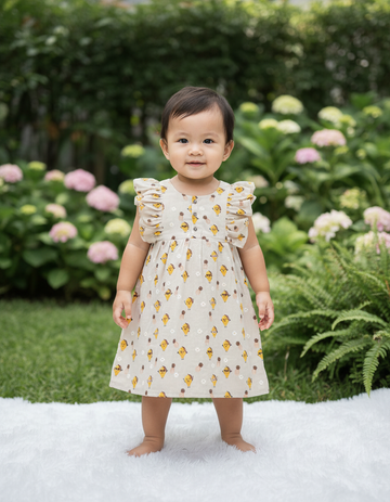 Cream muslin baby jabla frock with pineapple print and butterfly sleeves front open design – Sri Thulir Tex