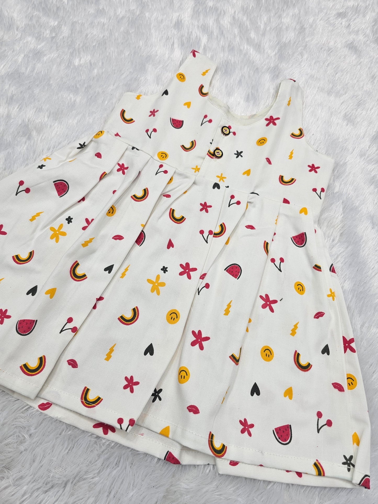 White muslin baby frock with watermelon, rainbow and flower prints front open design – Sri Thulir Tex