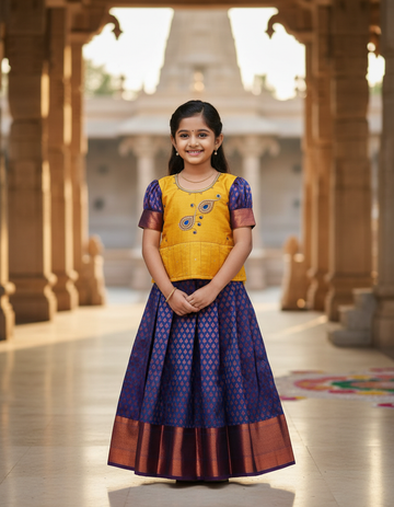Mustard yellow and navy blue bridal silk pattu pavadai for kids with puff sleeves and peacock embroidery – Sri Thulir Tex South Indian traditional wear for girls