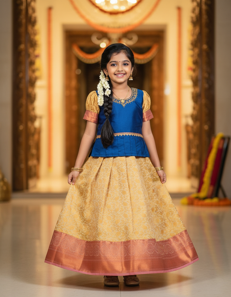 Navy blue and cream kids pattu pavadai set with puff sleeves and bridal silk skirt by Sri Thulir Tex