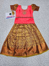 Peach pink and golden bridal silk pattu pavadai for kids with puff sleeves and stone embroidery – Sri Thulir Tex traditional South Indian festive dress