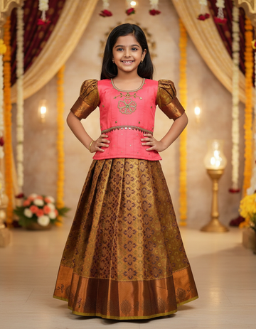 Peach pink and golden bridal silk pattu pavadai for kids with puff sleeves and stone embroidery – Sri Thulir Tex traditional South Indian festive dress