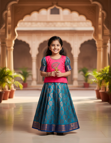 Pink and blue bridal silk pattu pavadai for kids with puff sleeves and leaf embroidery – Sri Thulir Tex South Indian traditional festive wear for girls