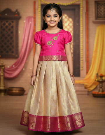 Pink and golden Banarasi semi silk pattu pavadai for girls with puff sleeve and zari border – Sri Thulir Tex