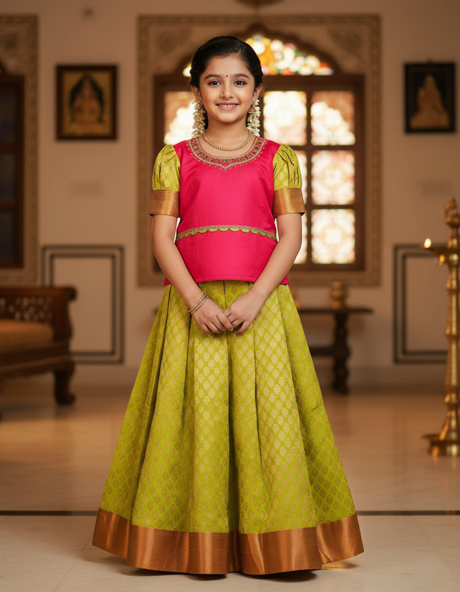 Pink and green kids pattu pavadai set with puff sleeves and bridal silk skirt by Sri Thulir Tex