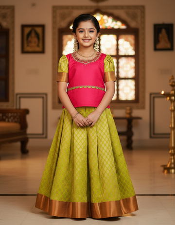 Pink and green kids pattu pavadai set with puff sleeves and bridal silk skirt by Sri Thulir Tex