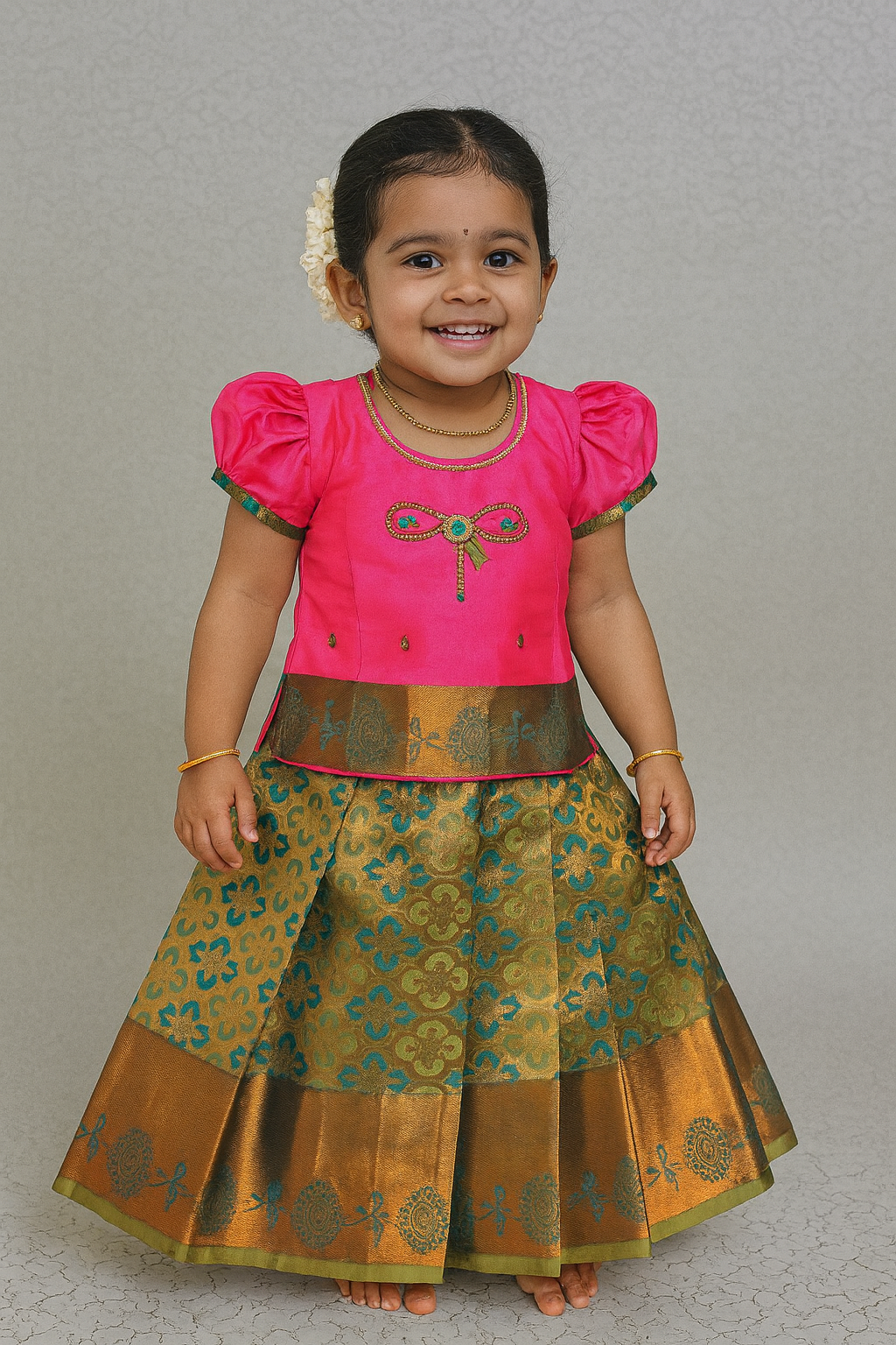 Pink and green silk pattu pavadai for girls with bow embroidery blouse and zari border skirt – Sri Thulir Tex