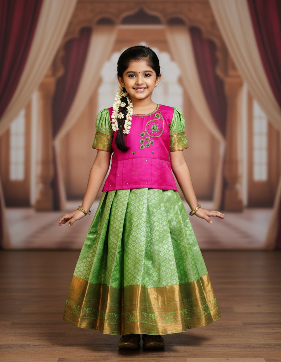 Pink and light green kids pattu pavadai set with puff sleeves and bridal silk skirt by Sri Thulir Tex