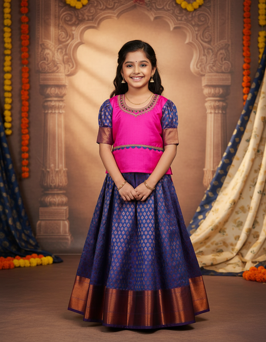 Pink and royal blue kids pattu pavadai set with stonework neck design and zari bridal silk skirt – Sri Thulir Tex