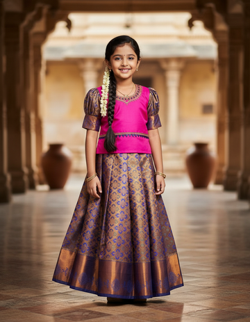Pink and royal blue kids pattu pavadai set with puff sleeves and bridal silk skirt by Sri Thulir Tex