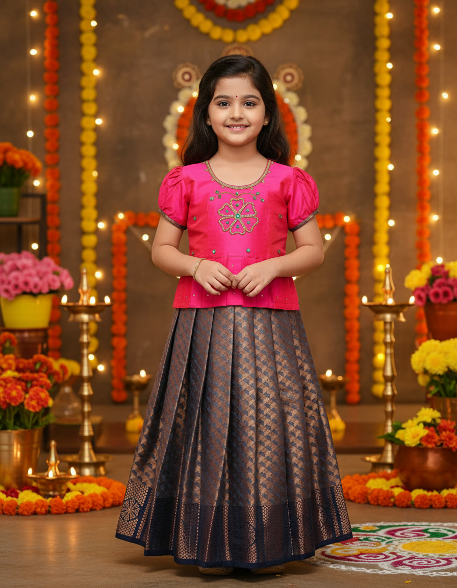 Pink semi silk and bridal silk pattu pavadai for girls with puff sleeves and stone work neck, traditional South Indian festive wear by Sri Thulir Tex