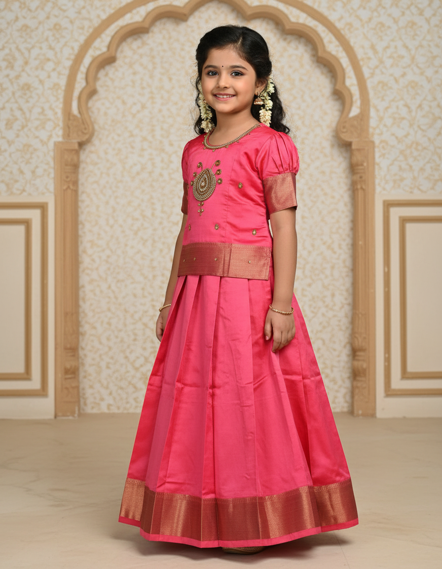 Pink semi silk pattu pavadai for girls with puff sleeve and golden zari border – Sri Thulir Tex
