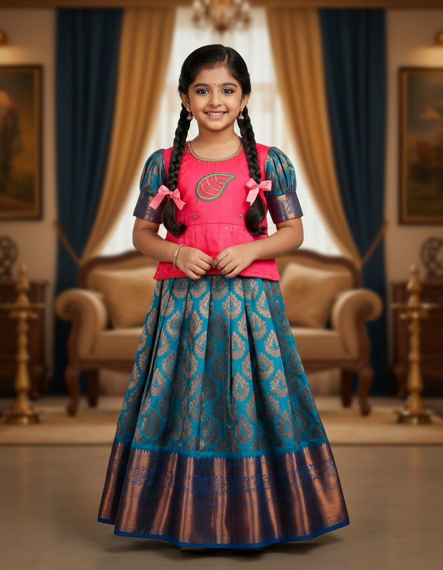 Pink and teal blue bridal silk pattu pavadai for kids with puff sleeves and leaf embroidery – Sri Thulir Tex traditional South Indian kids wear