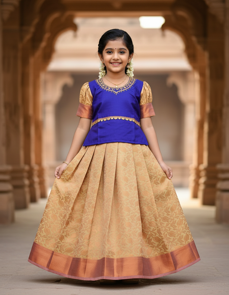 Purple and cream kids pattu pavadai set with puff sleeves and bridal silk skirt by Sri Thulir Tex