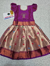 Purple and golden Banarasi semi silk pattu pavadai for girls with puff sleeve and zari border – Sri Thulir Tex