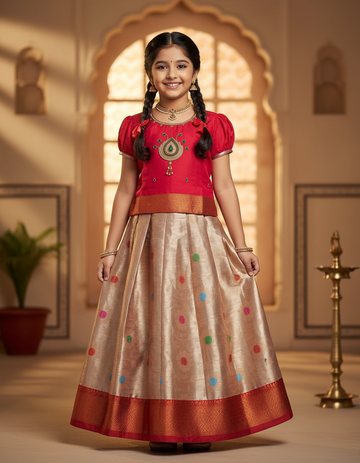 Red and golden Banarasi semi silk pattu pavadai for girls with puff sleeves and zari border – Sri Thulir Tex