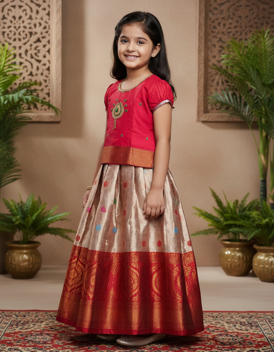 Red and golden Banarasi semi silk pattu pavadai for girls with puff sleeves and zari border – Sri Thulir Tex