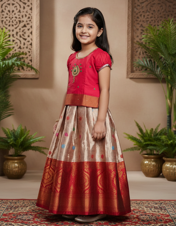 Red and golden Banarasi semi silk pattu pavadai for girls with puff sleeves and zari border – Sri Thulir Tex