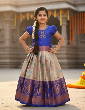Royal blue and golden Banarasi semi silk pattu pavadai for girls with puff sleeves and zari border – Sri Thulir Tex