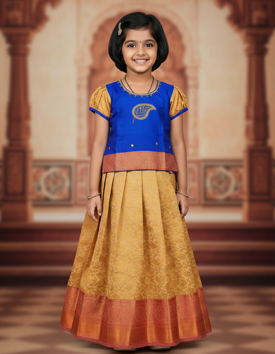 Royal blue and golden yellow silk pattu pavadai for girls with zari leaf embroidery blouse and puff sleeves – Sri Thulir Tex