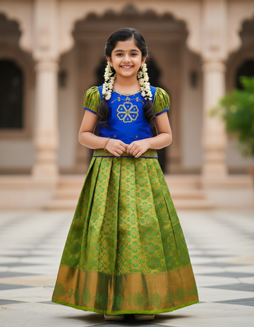 Royal Blue and Green Silk Pattu Pavadai for Baby Girl – Traditional Kids Dress by Sri Thulir Tex