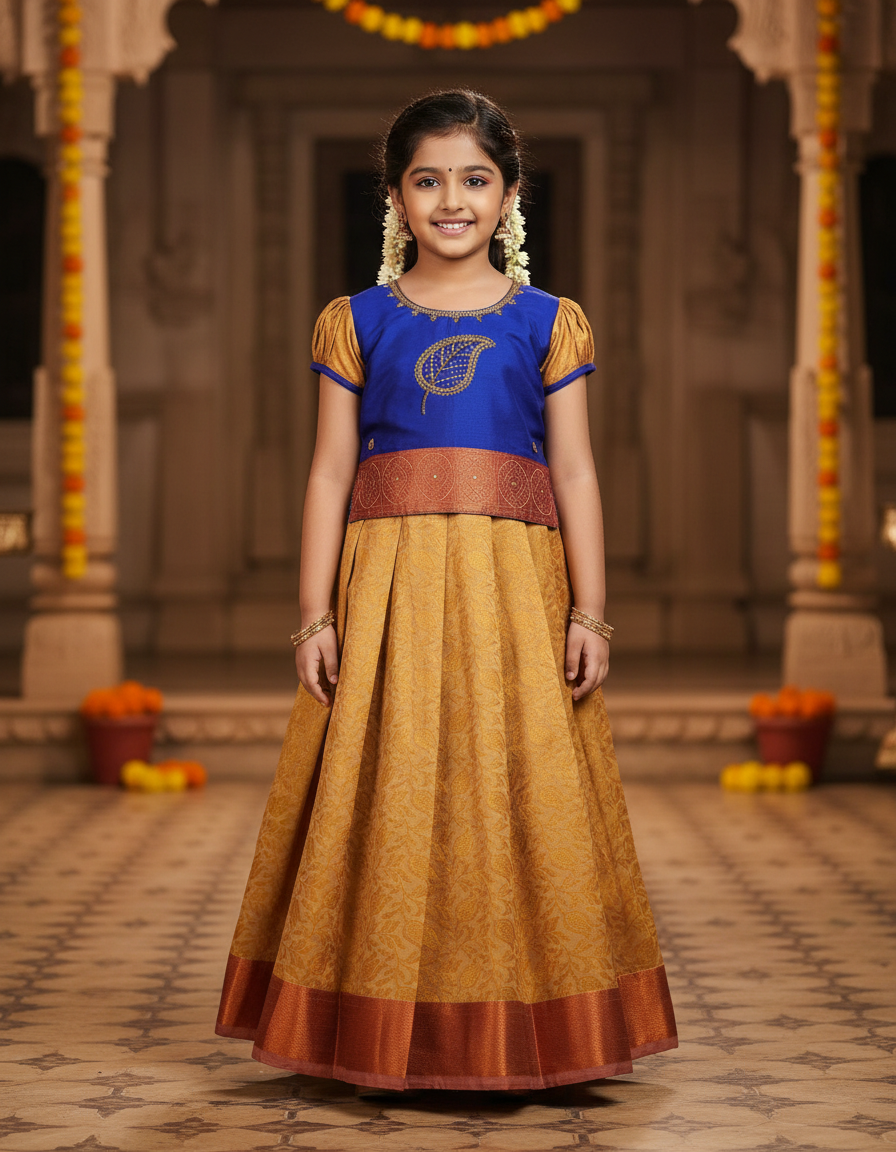 Royal blue and mustard yellow silk pattu pavadai for girls with zari leaf embroidery and puff sleeves – Sri Thulir Tex