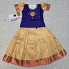 Royal blue and cream kids pattu pavadai set with puff sleeves and bridal silk skirt by Sri Thulir Tex