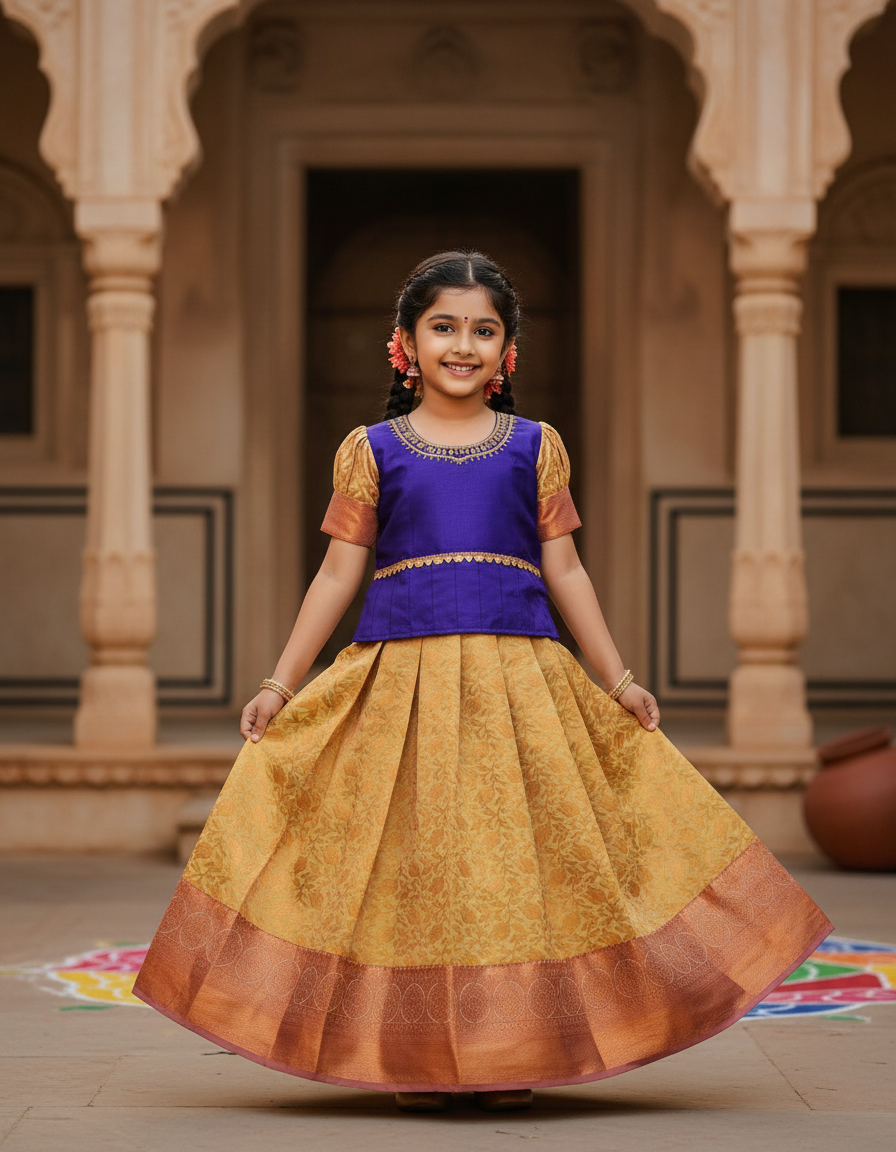 Royal purple and cream kids pattu pavadai set with puff sleeves and bridal silk skirt from Sri Thulir Tex