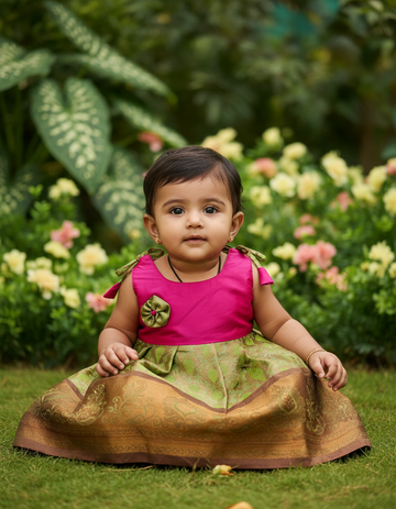 (Price: 250) 7 Month To 12 Month Baby Silk Frock Gold Border | Rope Type Design | Sri Thulir Tex (Batch-2)