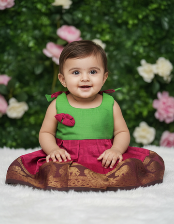 7 Month To 12 Month Baby Silk Frock Multi-Colour Border | Rope Type Design | Sri Thulir Tex (Batch-2)