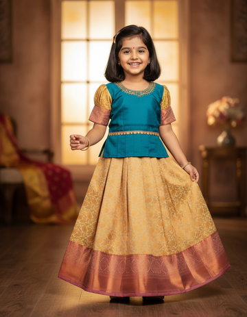 Teal blue and cream kids pattu pavadai set with puff sleeves and bridal silk skirt by Sri Thulir Tex