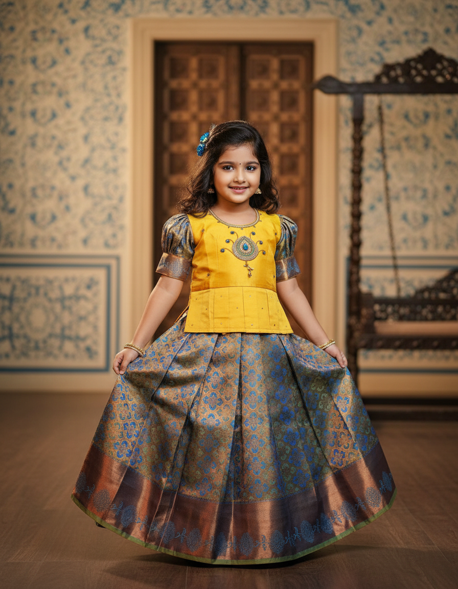 Yellow and blue kids pattu pavadai set with puff sleeves and bridal silk skirt by Sri Thulir Tex