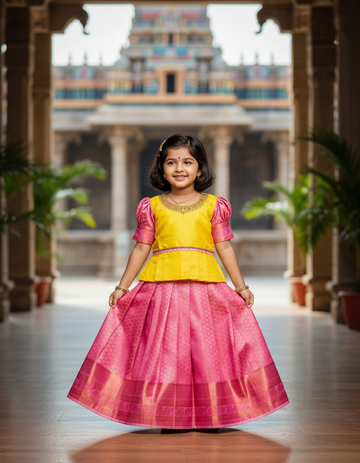 Yellow and pink kids pattu pavadai set with puff sleeves and bridal silk skirt by Sri Thulir Tex