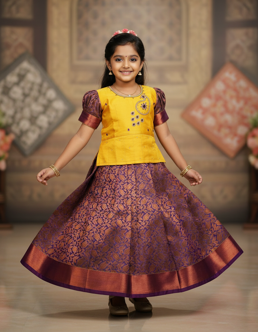 Yellow and purple bridal silk pattu pavadai for kids with puff sleeves and stone embroidery – Sri Thulir Tex traditional South Indian festive wear