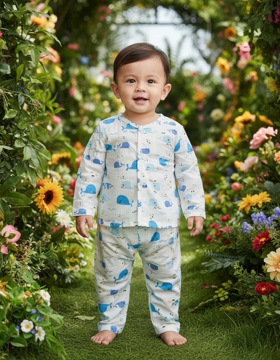 1–2 year baby muslin jabla full set with blue whale print, long sleeve button top and pant – Sri Thulir Tex