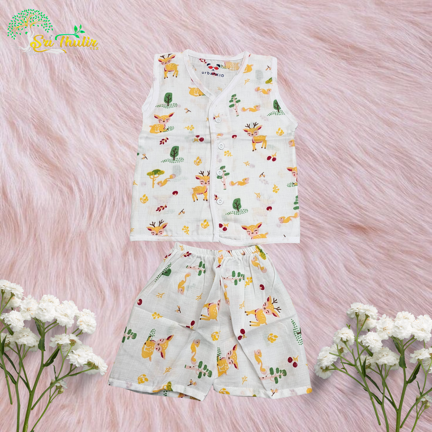 Baby Muslin Jabla Shirt & Shorts Set – Multi Printed | 6 Months to 1 Year | Sri Thulir Tex