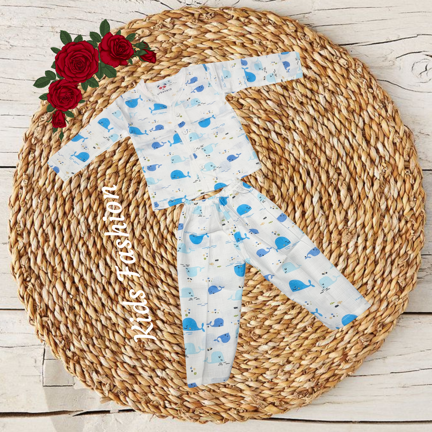 1–2 year baby muslin jabla full set with blue whale print, long sleeve button top and pant – Sri Thulir Tex