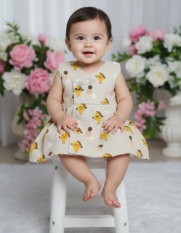 Cream muslin baby jabla frock with cute fruit and pineapple print, front open button style – Sri Thulir Tex