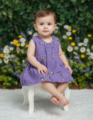 Purple muslin baby jabla frock with bee print and front open button design – Sri Thulir Tex