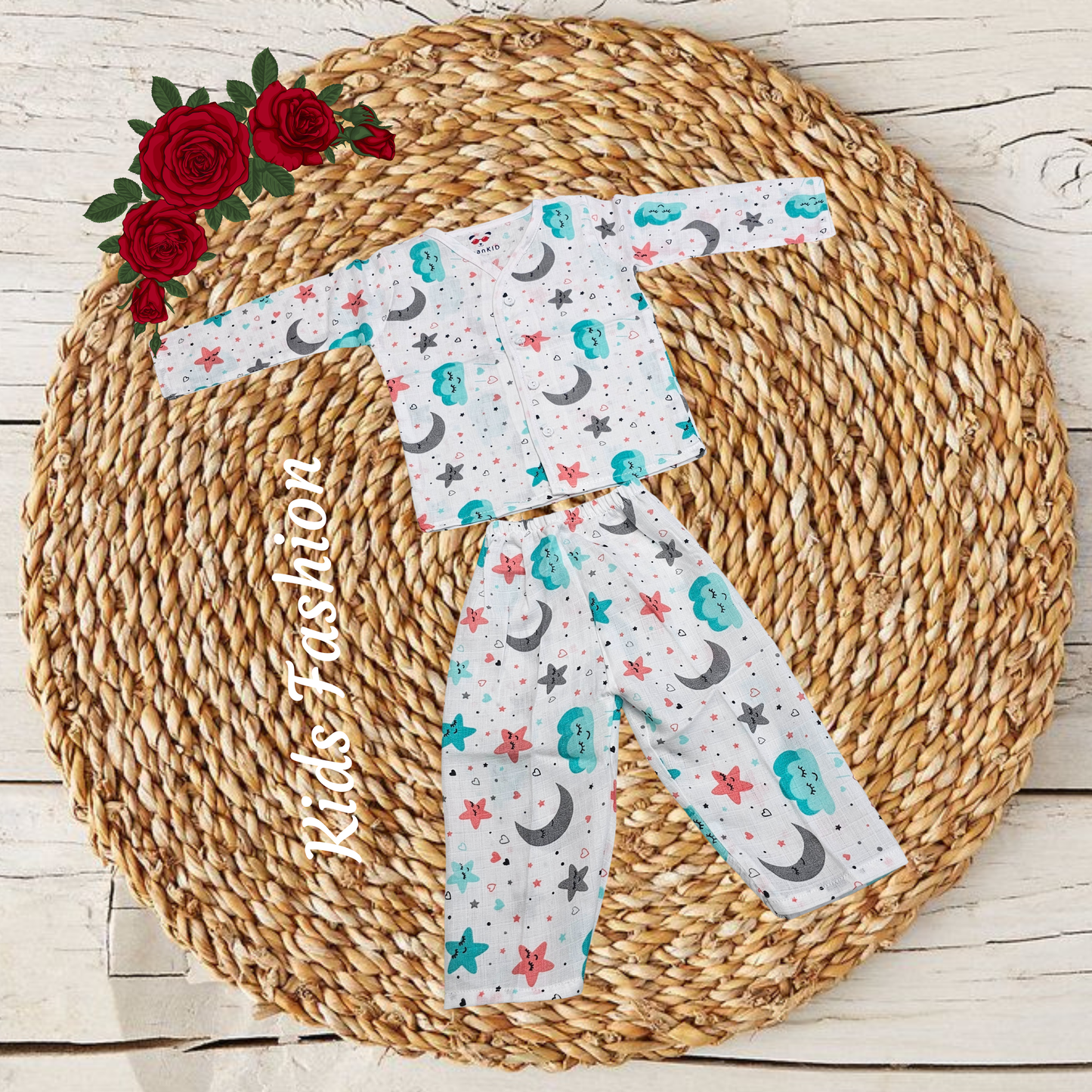 1–2 year baby muslin jabla full set with blue whale print, long sleeve button top and pant – Sri Thulir Tex