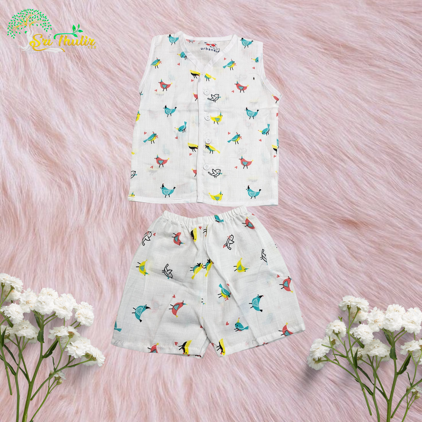 Baby Muslin Jabla Shirt & Shorts Set – Multi Printed | 6 Months to 1 Year | Sri Thulir Tex